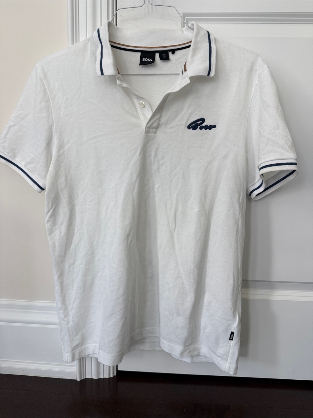 Boss White Cotton Polo with Navy Contrast Trim